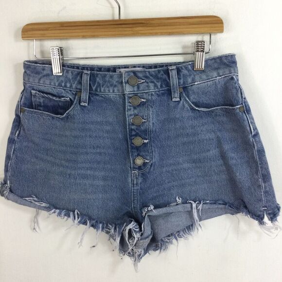 Paige Margot Button Fly Denim Frayed Raw Hem Cut Off Shorts Blue Size 28 - Picture 9 of 16